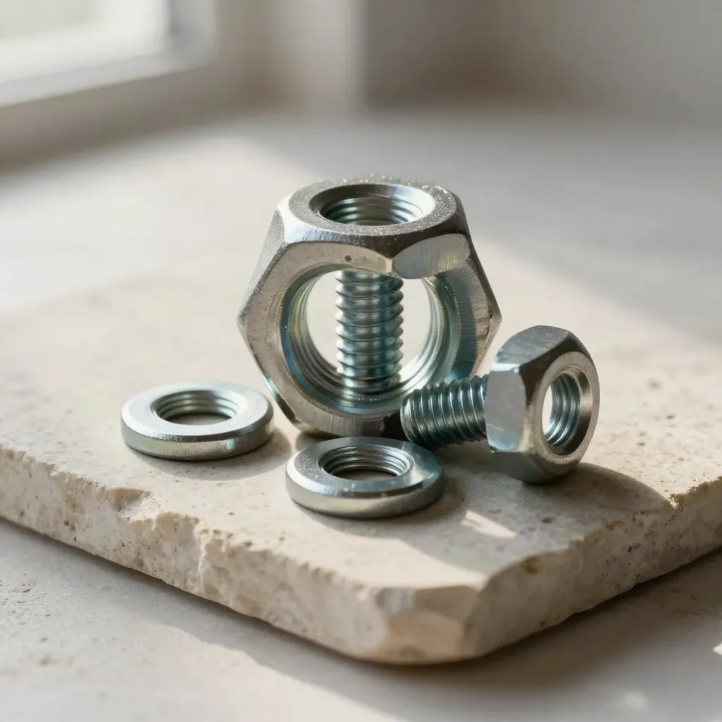 Bouten, ringen en een moer op een lichte stenen plaat met zacht lime accent