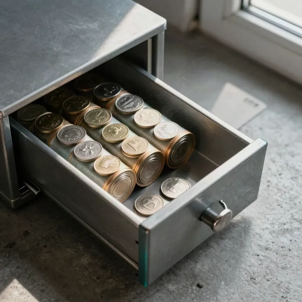 Open geldlade met muntrollen, geldclip en rekenmunten op donker beton in dramatisch licht.