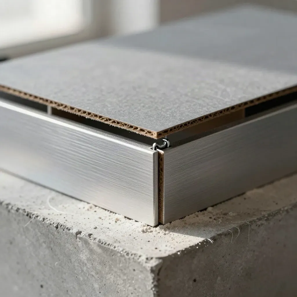 Extreem close-up van een architectuurmaquettehoek met aluminium profielen en een stalen klem.