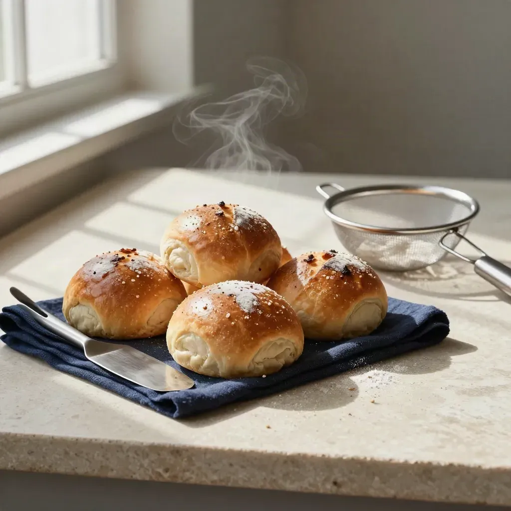 Bakkerstools met versgebakken broodjes op licht steen met warme stoom en diepblauw accent