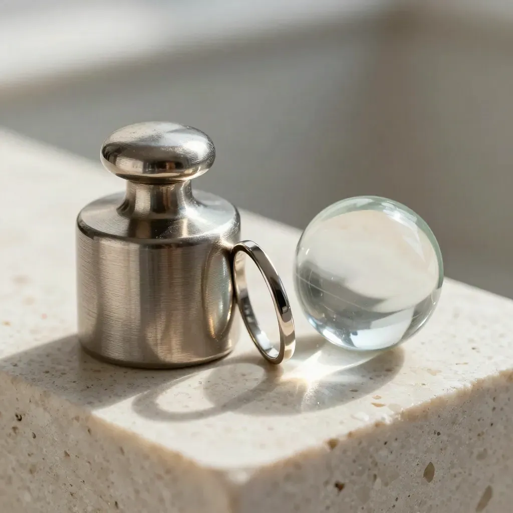 Metalen gewichtje, glazen paperweight en ring op travertin, in zacht licht.