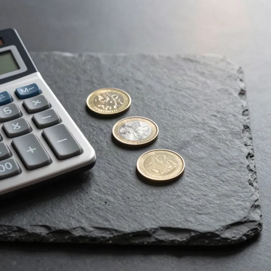 Drie btw-chipjes, een calculator en munten van boven op grijze steen.