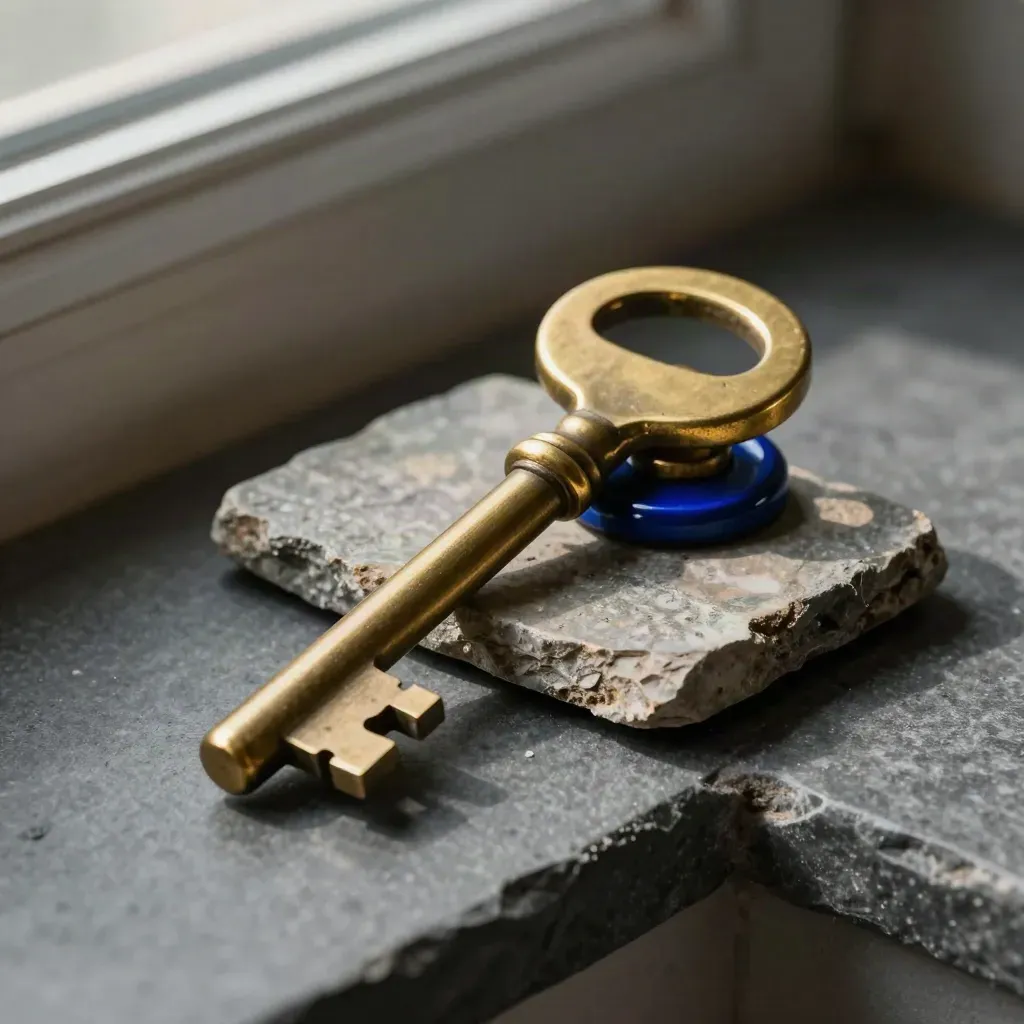 Sleutel op dakpan naast messing gewichtje, met koel blauw accent en harde schaduw.