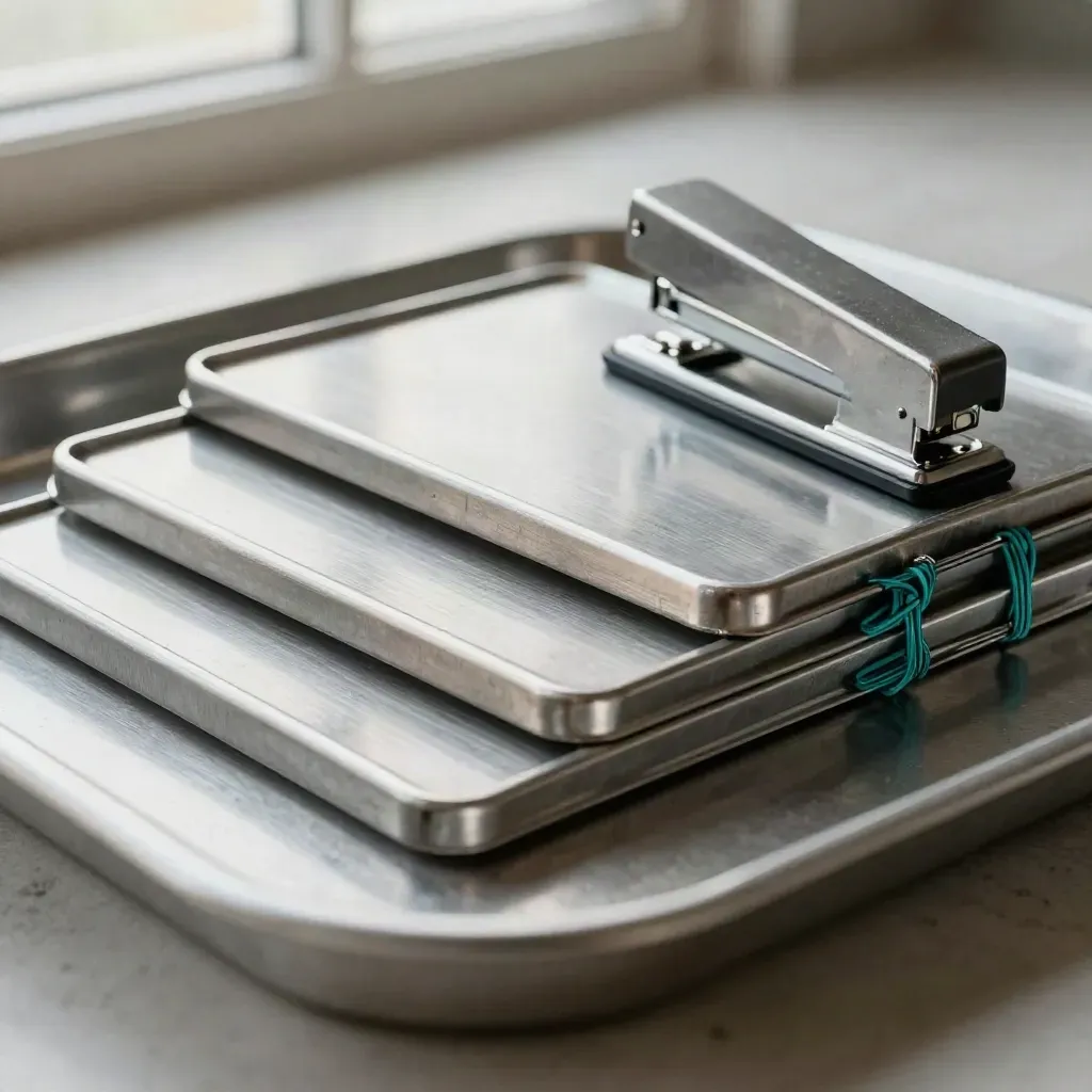 Drie metalen desktrays, een nietmachine en teal kabelclips van boven gezien