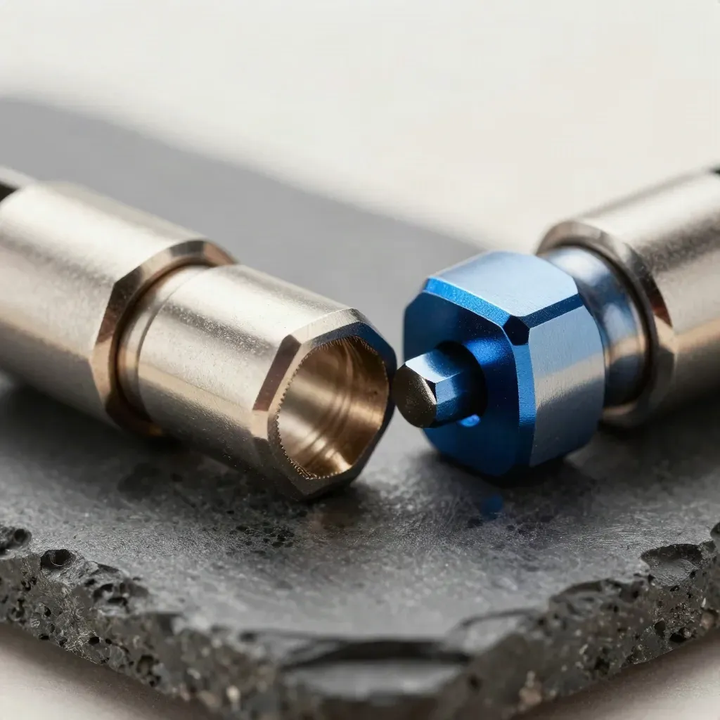 Metalen connectoren en schakels klikken samen op een donkere steenachtige ondergrond.
