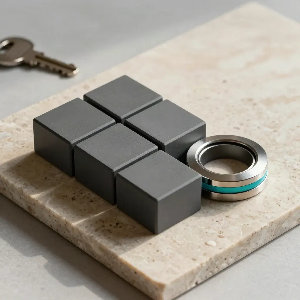 Grijze modulaire blokjes, magnetische ring en brugstuk in strakke top-down compositie.